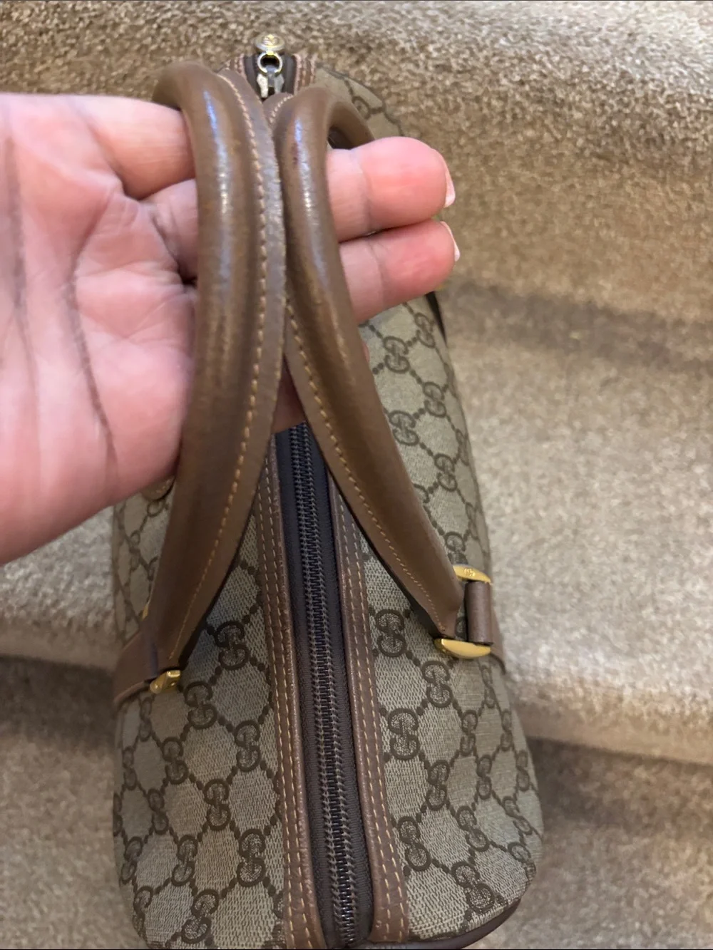 Gucci Brown GG Supreme Canvas Satchel with Gold Hardware